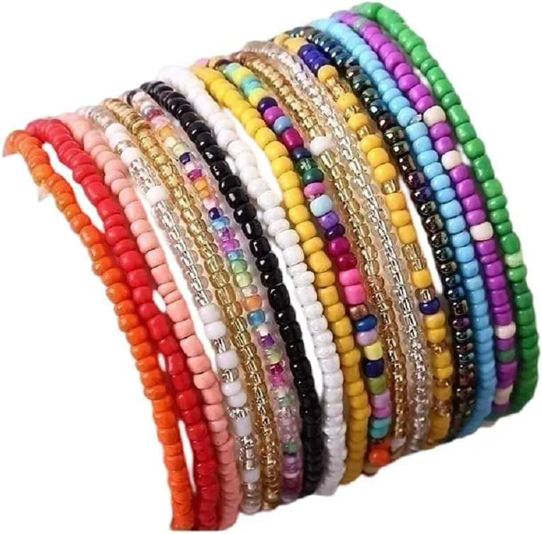 17Pcs Elastic Beaded Handmade Bracelets Bohemian Stackable Beaded Stretch Bracelets Colorful Boho Beach Anket Bracelet Set Rainbow Handmade Seed Beach Bracelet Summer Jewelry for Women