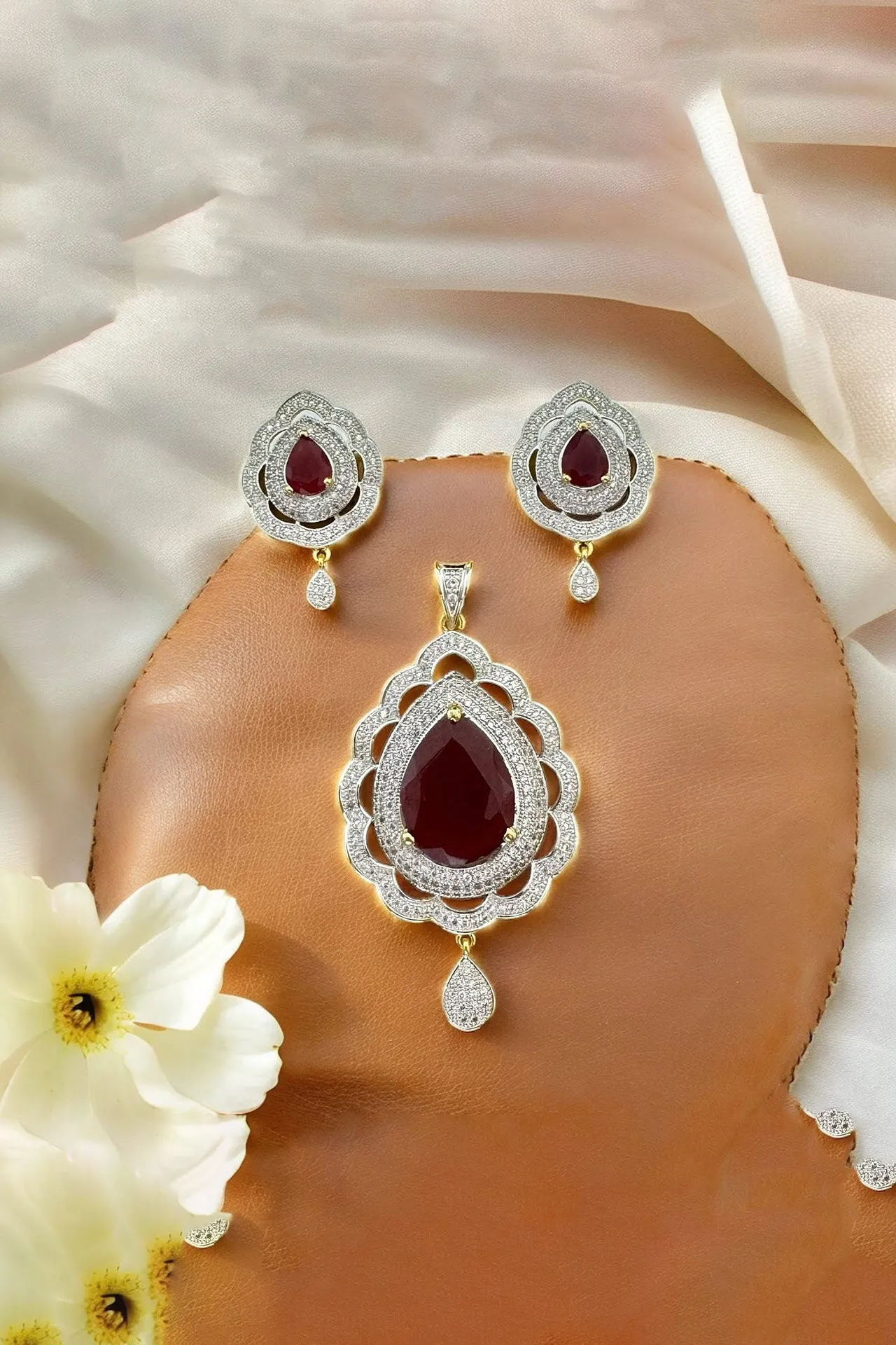 American Diamond Semi-Precious Pendant Set (Design 12)