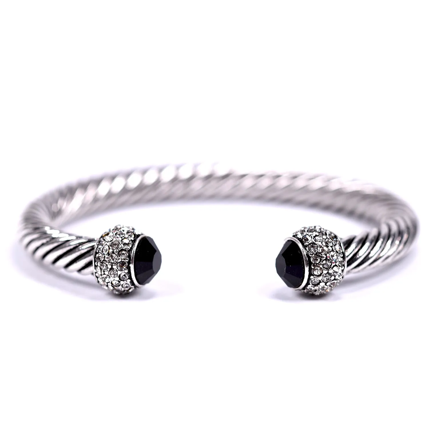 Antique effect twisted open bangle with crystal feature ends