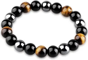 Crystals Protection Beaded Bracelet, Men Women Black Obsidian Tiger Eye Stone Hematite Wealth Triple Bracelets, for Bring good Luck Prosperity Money, Handmade Buddha Crystals Jewelry Rope Stretch Fengshui Energy Friendship Bracelet