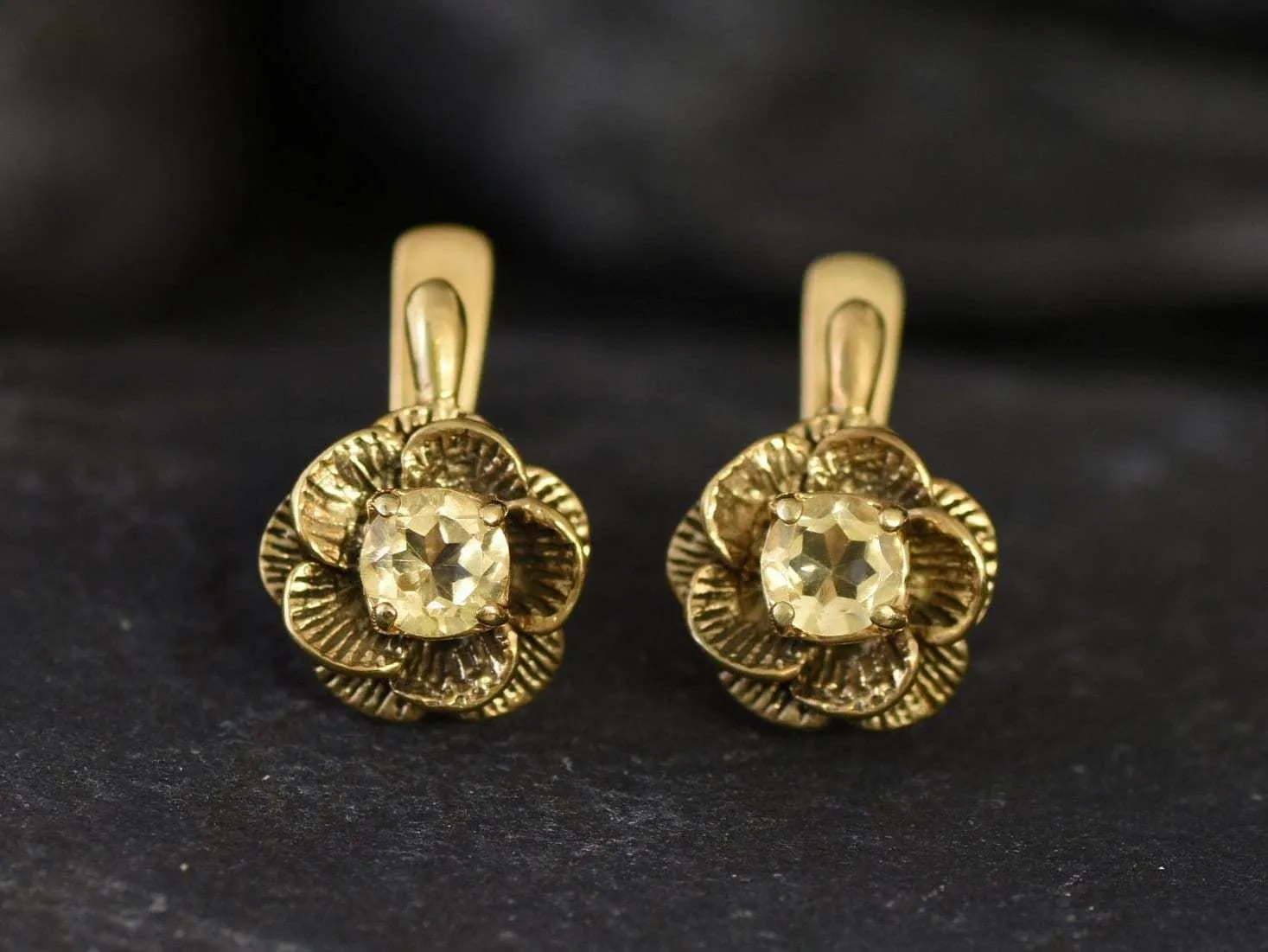 Gold Citrine Studs - Natural Citrine Earrings, Gold Flower Earrings