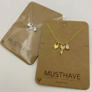 Gold Plated Necklace | Triple Love Lock Key Pendant