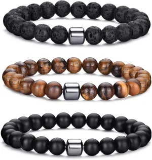 MOROTOLE Mens Beaded Bracelet Tiger Eye 8MM Natural Stone Beads Bracelet Set Adjustable Stretch Lava Rock Bracelets for Men Black Crystal Beaded Bracelets for Men Father Boyfriend Brother Gifts