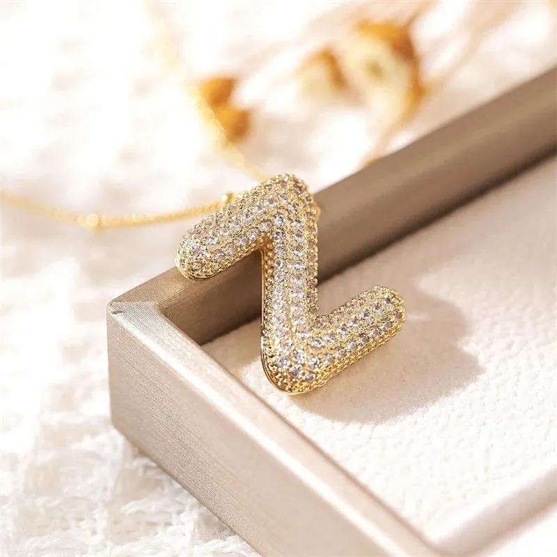 Personalized A-Z Balloon Letter Necklace – Gold-Plated Zircon Pendant on Minimalist Collarbone Chain