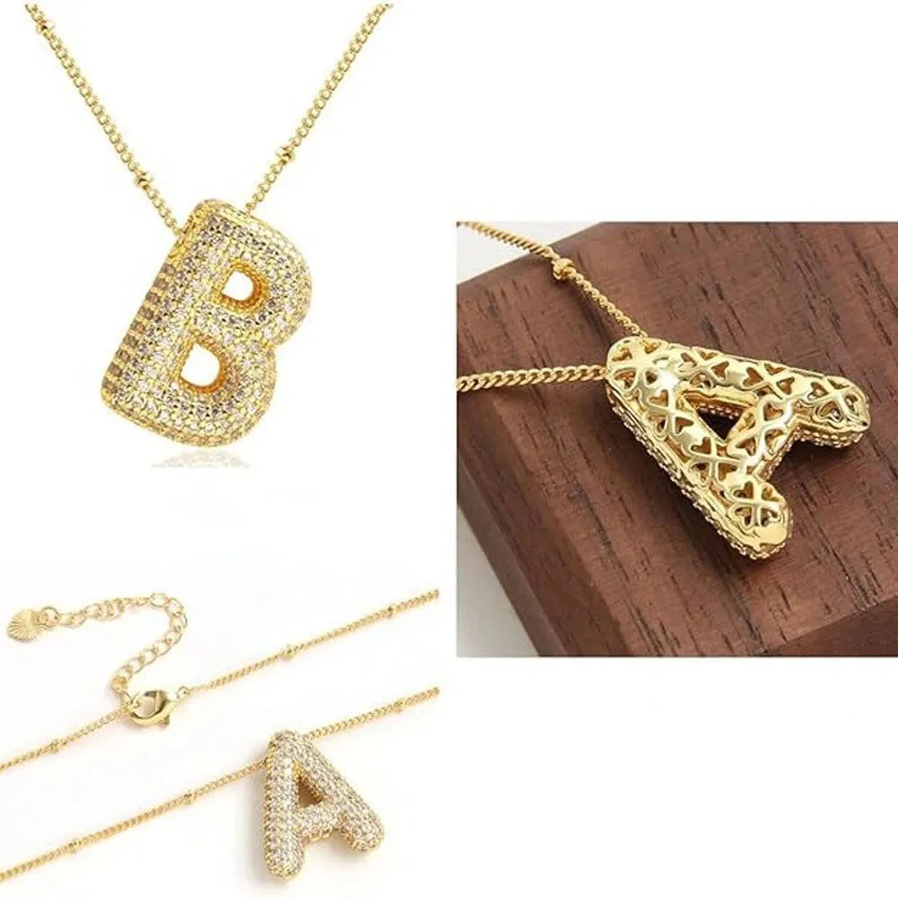 Personalized A-Z Balloon Letter Necklace – Gold-Plated Zircon Pendant on Minimalist Collarbone Chain