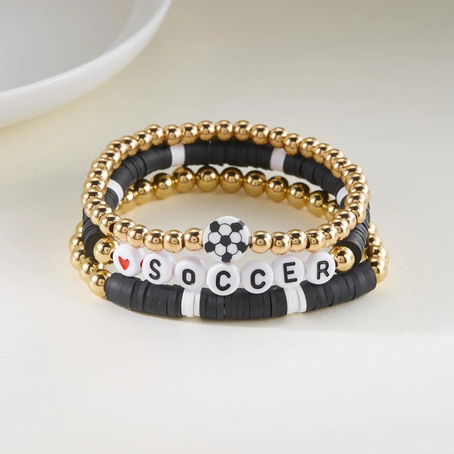 RINHOO FRIENDSHIP Game Day Bracelets Set for Women Men Football Bracelets Stack Beaded Stretch Red Black Blue Clay Beaded Stretch Bracelets Stackable Sports Charm Bracelet Jewelry Accessories