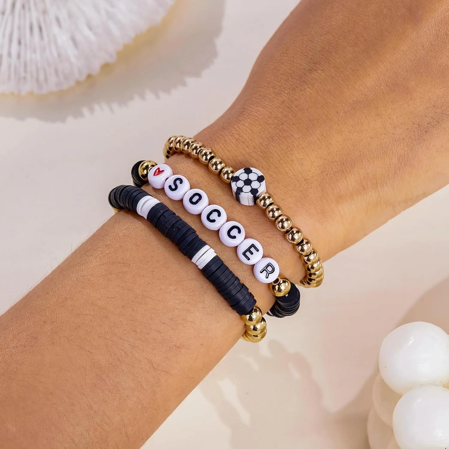 RINHOO FRIENDSHIP Game Day Bracelets Set for Women Men Football Bracelets Stack Beaded Stretch Red Black Blue Clay Beaded Stretch Bracelets Stackable Sports Charm Bracelet Jewelry Accessories