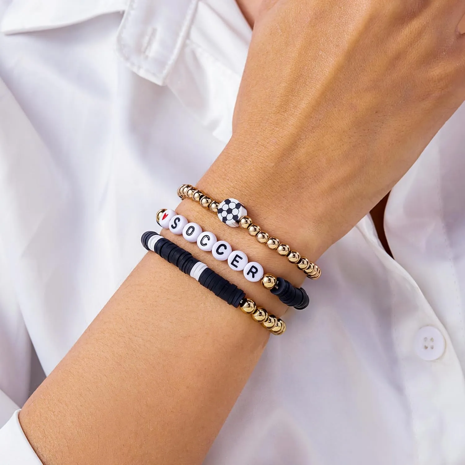 RINHOO FRIENDSHIP Game Day Bracelets Set for Women Men Football Bracelets Stack Beaded Stretch Red Black Blue Clay Beaded Stretch Bracelets Stackable Sports Charm Bracelet Jewelry Accessories