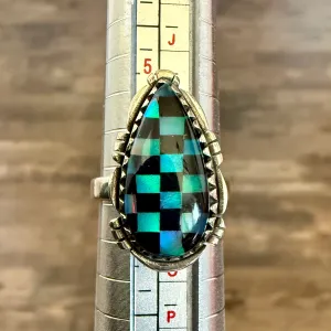 Trendy Southwest Aurora Opal And Onyx Checkerboards Sterling Silver Boho Ring Size 6